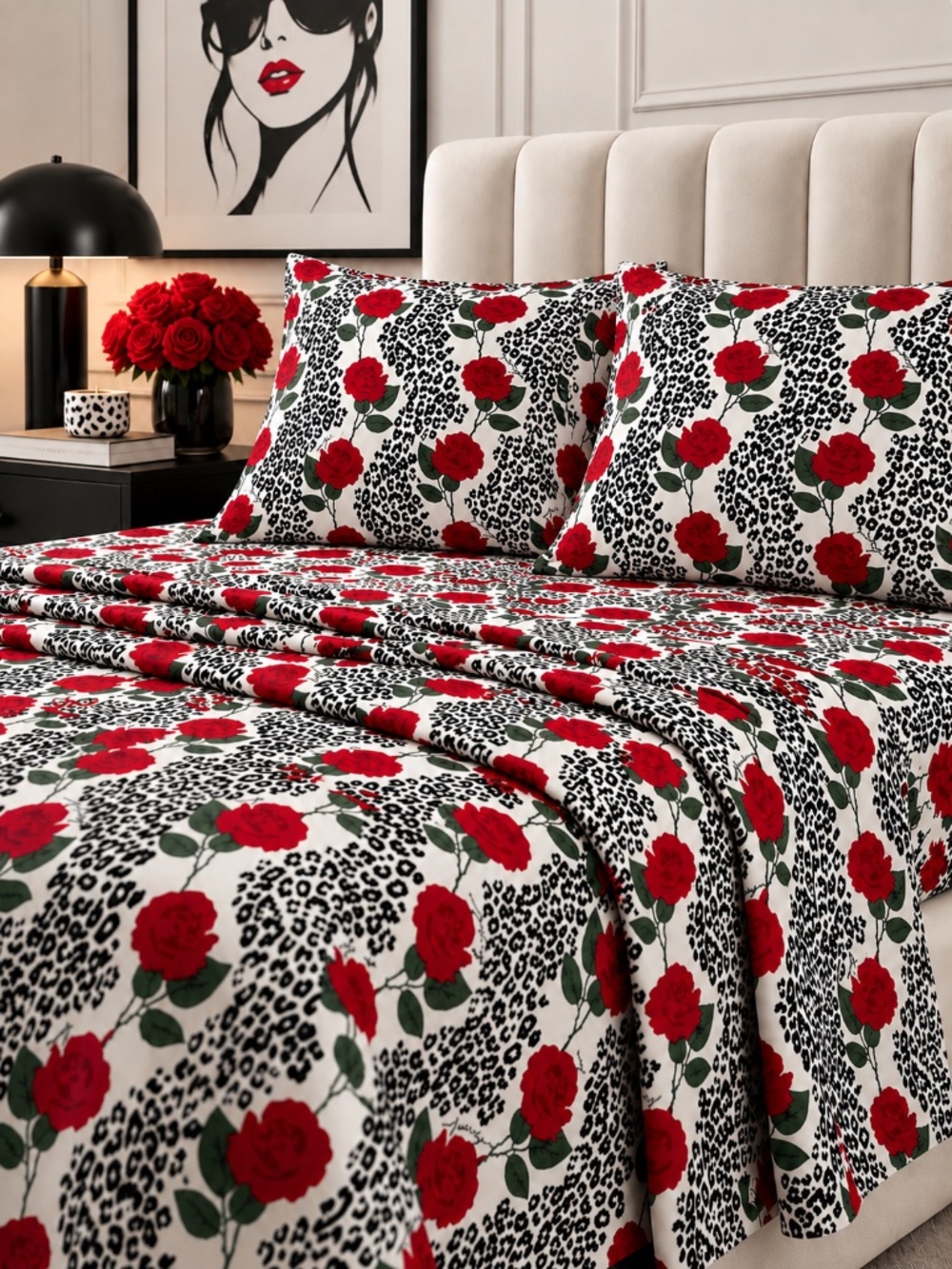 Juicy Couture Twin Sheet Set 4pc Roses Leopard Print Red Black White NWT
